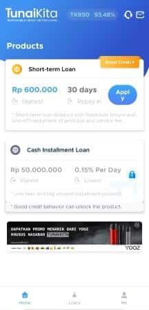 Tampilan beranda aplikasi TunaiKita