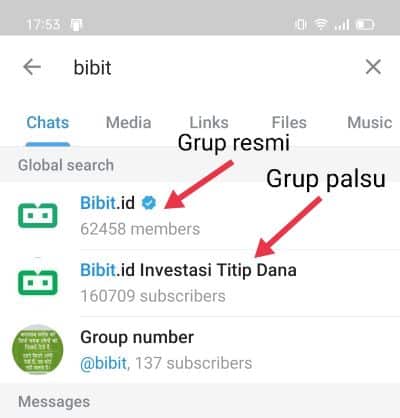 Grup telegram Bibit resmi dan palsu