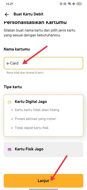 Langkah 2 buat kartu digital Jago