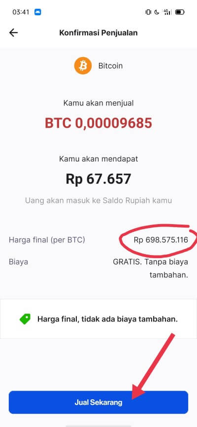 Klik Jual Sekarang aset kripto di Pintu