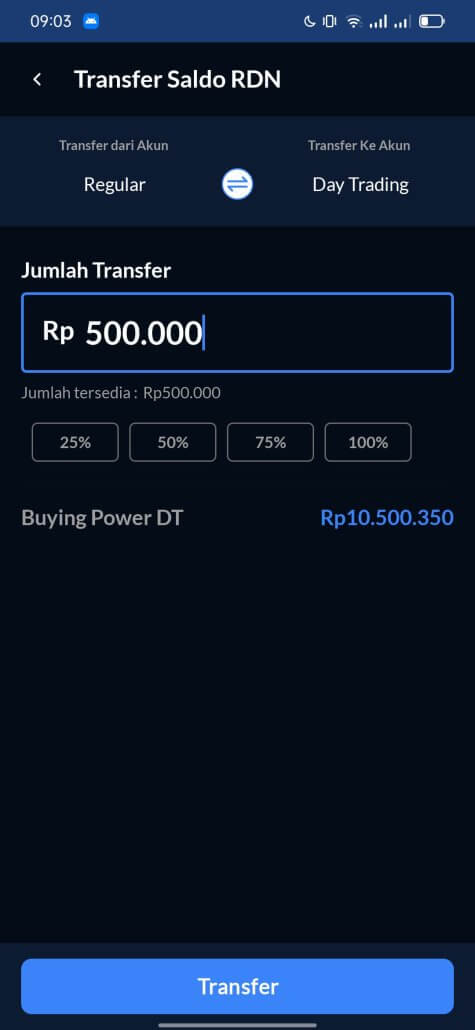 Transfer saldo RDN reguler Ajaib ke akun Day Trading